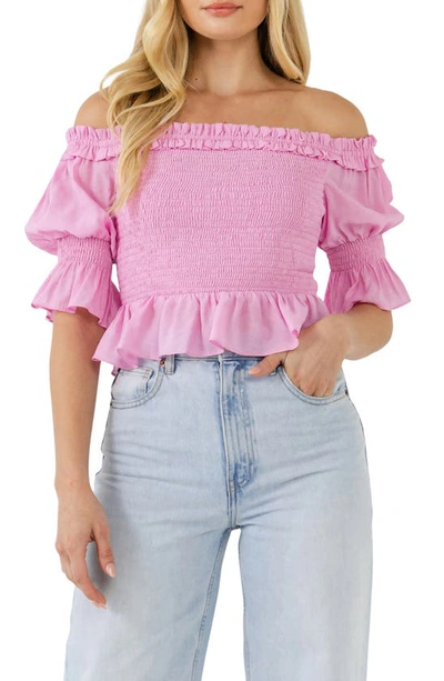 Endless Rose Off The Shoulder Smocked Crop Top In Pink