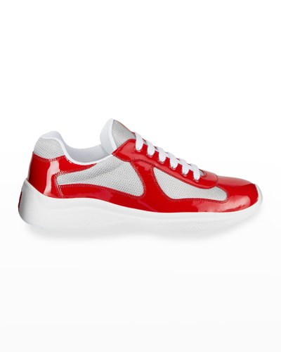 Shop Prada Men's America's Cup Patent Leather Patchwork Sneakers In Red