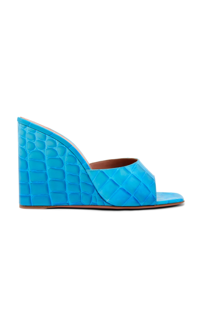 Shop Amina Muaddi Lupita Croc-effect Leather Wedge Sandals In Blue
