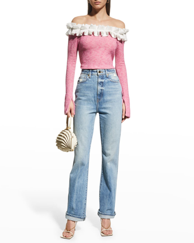 Shop Aaizél Off-the-shoulder Pleated Cropped Sweater In Whitepink