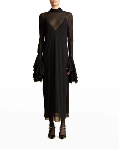 Shop Khaite Evi Semi-sheer Fluted-sleeve Dress With Slip In Black