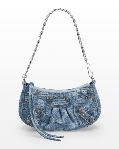 Shop Balenciaga Le Cagole Mini Monogram Denim Shoulder Bag In 4716 Blue