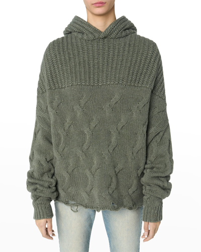 Shop Amiri Hybrid Cable-knit Cashmere Hoodie In Olive Gree