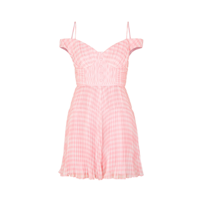 Shop Self-portrait Pink Gingham Plissé Chiffon Mini Dress