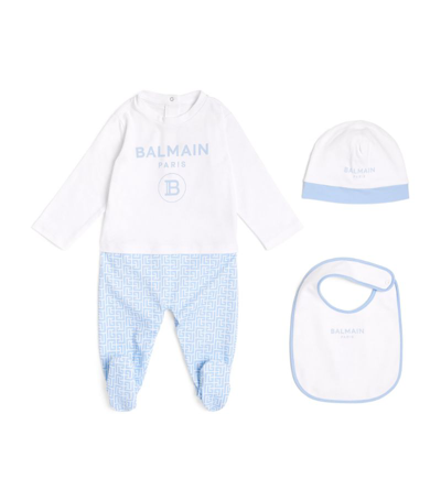 Shop Balmain Logo All-in-one, Hat And Bib Set (3-9 Months) In Blue