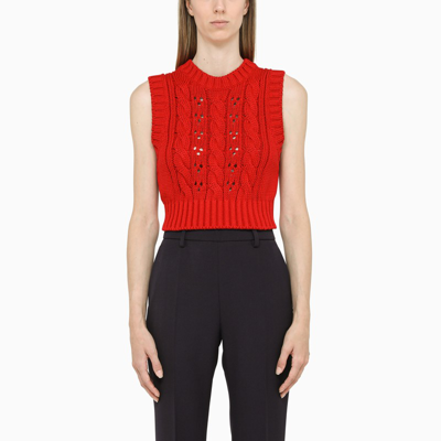Prada Cropped Cable-knit Cotton Vest In Red | ModeSens