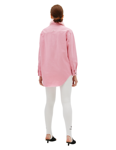 Shop Blumarine Faux Fur Collar Denim Shirt In Pink