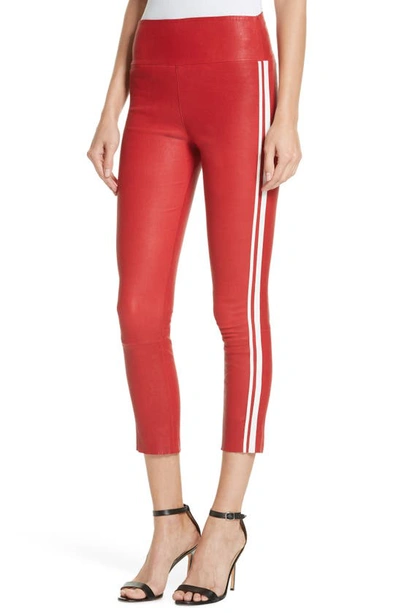 Shop Sprwmn Two-stripe Athletic Leather Capri Leggings In Red White Stripes