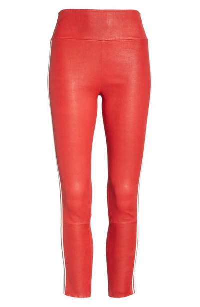 Shop Sprwmn Two-stripe Athletic Leather Capri Leggings In Red White Stripes
