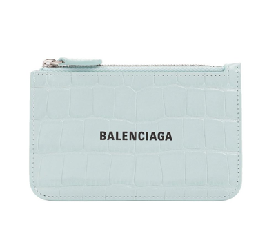 Shop Balenciaga Logo Embossed Zipped Cardholder In Blue