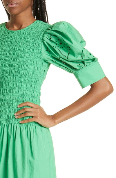 Shop Ganni Eyelet Detail Puff Sleeve Organic Cotton Midi Dress In Kelly Green