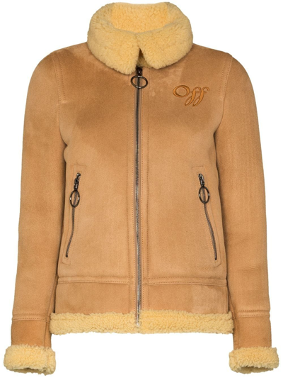 Shop Off-white Aviator Style Shearling Coat In Camel Camel