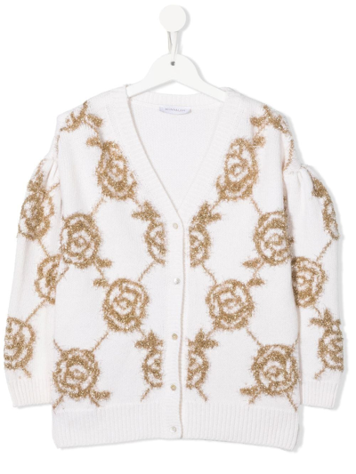Shop Monnalisa Embroidered-rose Cardigan In Neutrals