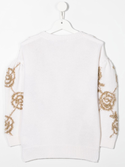 Shop Monnalisa Embroidered-rose Cardigan In Neutrals