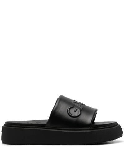 Ganni Logo-embossed Vegan Leather Platform Slides In Schwarz