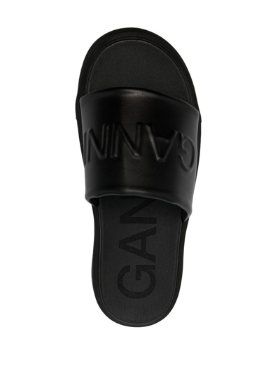Ganni Logo-embossed Vegan Leather Platform Slides In Schwarz
