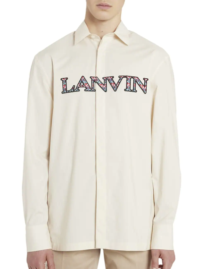 Shop Lanvin Men's Embroidered Logo Relaxed-fit Shirt In Ecru