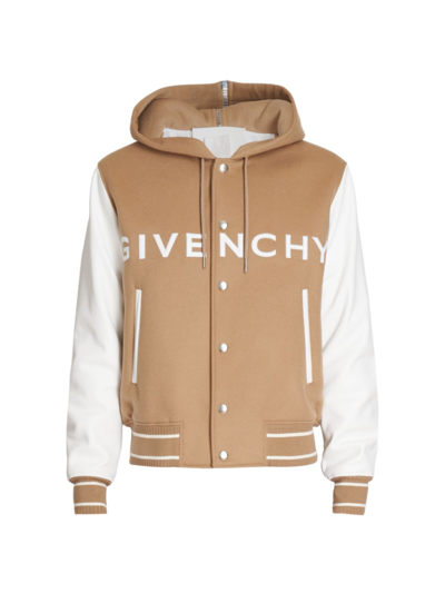 Shop Givenchy Men's Hooded Logo Varsity Jacket In White Beige