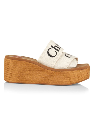 Shop Chloé Women's Woody Logo Canvas Espadrille Wedges In White