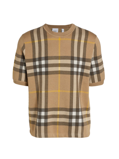 Shop Burberry Men's Wells Check Print Short-sleeve Sweater In Truffle Check