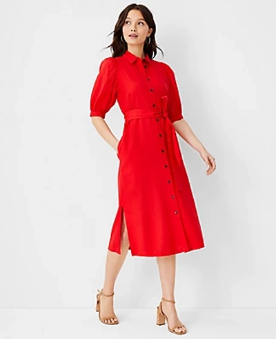 Shop Ann Taylor Tall Linen Blend Midi Shirtdress In Cherry Glow