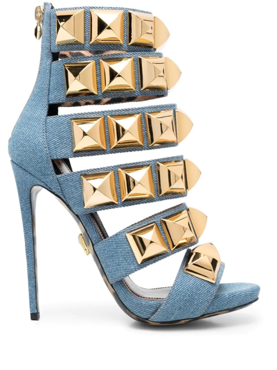 Shop Philipp Plein Studded Denim 120mm Sandals In Blue