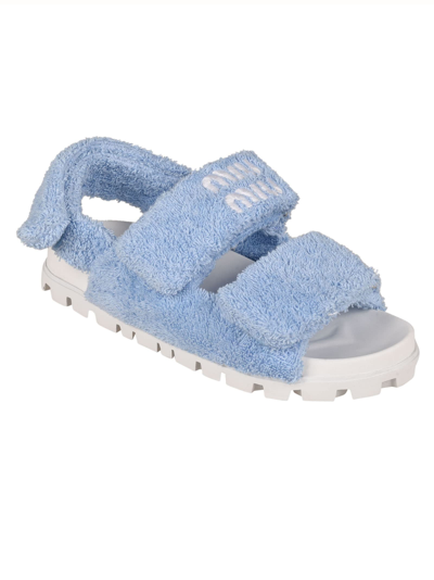 Shop Miu Miu Fur Doble Velcro Strap Sandals In Celeste
