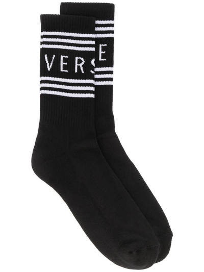 Shop Versace Black Cotton Socks With Logo  Man