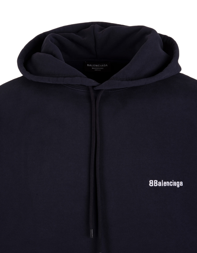 Shop Balenciaga Man Navy Blue Oversize Hoodie With Embroidered Logo In Marine Blue/white