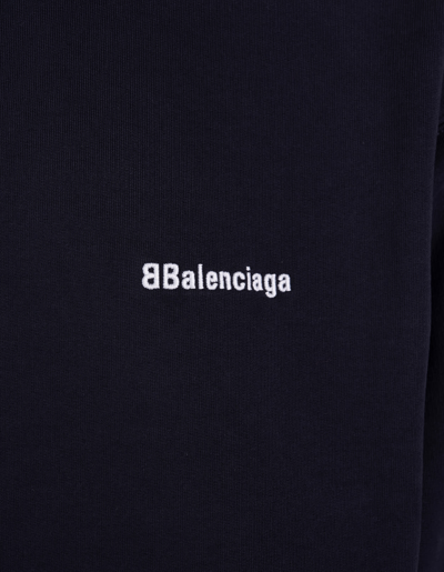Shop Balenciaga Man Navy Blue Oversize Hoodie With Embroidered Logo In Marine Blue/white