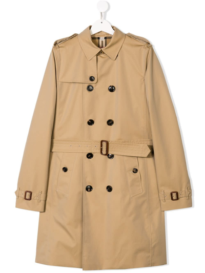 Shop Burberry Kids Girls Double-breasted Beige Cotton Trench Coat With Vintage Check Inserts