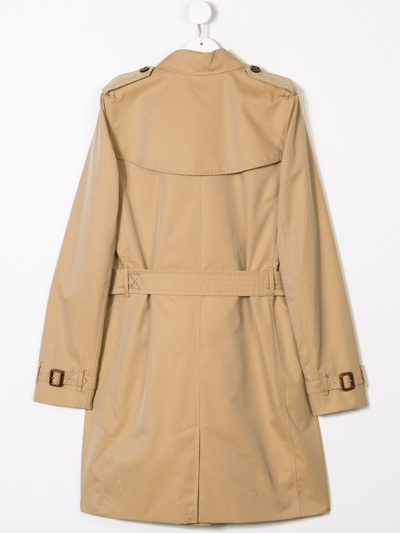 Shop Burberry Kids Girls Double-breasted Beige Cotton Trench Coat With Vintage Check Inserts