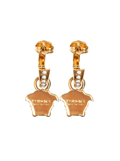 Shop Versace Womans Medusa Metal Pendant Earrings With Crystals Detail In Metallic