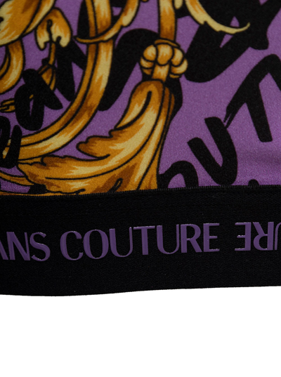 Shop Versace Jeans Couture Womans Long Sleeve Cropped Sweater With Brush Logo Print In Violet