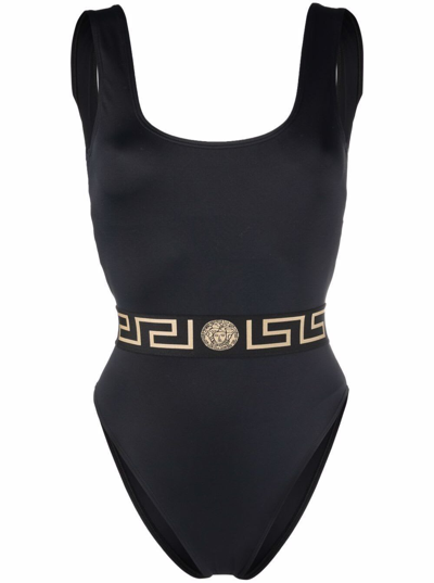 Shop Versace Womans Black Lycra Swimsuit With Greca Print