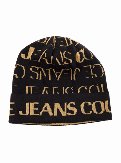 Shop Versace Jeans Couture Womans Wool Blend Hat With Logo Print In Black