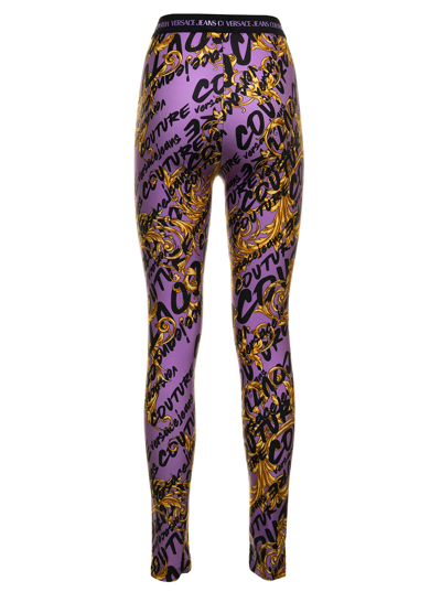 Shop Versace Jeans Couture Versae Jeans Couture Womans Stretch Fabric Leggings With Brush Logo Print In Violet