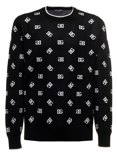 Shop Dolce & Gabbana Mans Black Wool And Silk Sweater With Dg Logo Jacquard