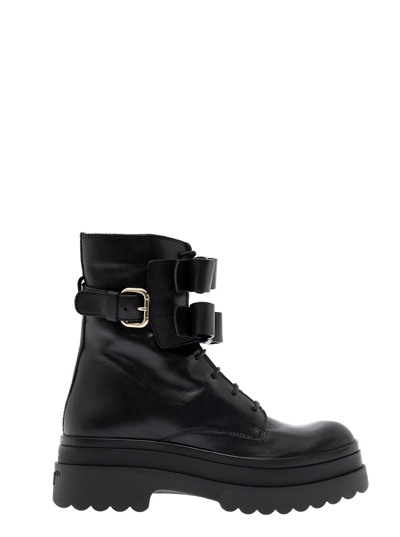 Shop Red Valentino Red V Womans Black Leather Combat Boots I With Buckles