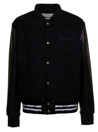 Shop Alexander Mcqueen Mans Black Bomber Wool And Leather Jacket