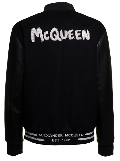 Shop Alexander Mcqueen Mans Black Bomber Wool And Leather Jacket