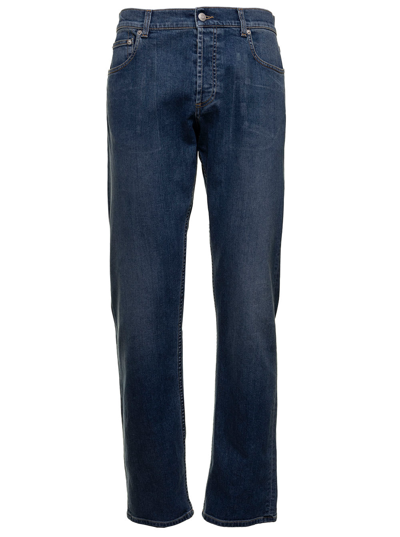 Shop Alexander Mcqueen Mans Five Pockets Blue Denim Jeans With Logo