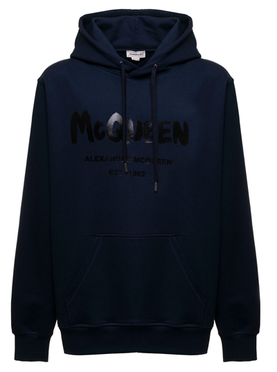 Shop Alexander Mcqueen Mans Blue Cotton Hoodie With Logo Print