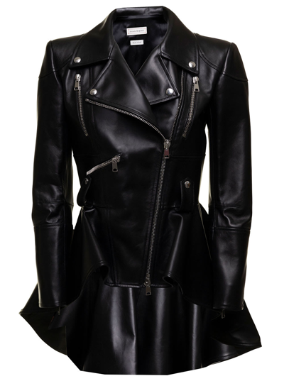 Shop Alexander Mcqueen Womans Asymmetric Black Leather Jacket