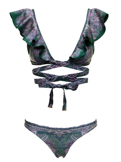 Shop Zimmermann Womans Anneke Green And Lilac Bandana Printed Bikini With Ruffles