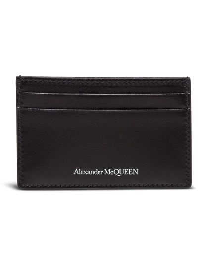 Shop Alexander Mcqueen Mans Black Leather Cardholder With Logo Print