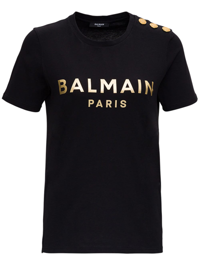 Shop Balmain Womans Black Cotton T-shirt With Logo Print