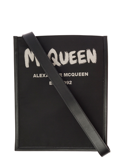 Shop Alexander Mcqueen Mans Black Leather Crossbody Bag With Logo Print