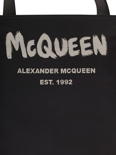 Shop Alexander Mcqueen Mans Black Leather Crossbody Bag With Logo Print