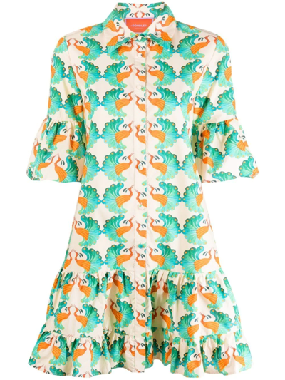 Shop La Doublej Choux Bird-print Mini Shirtdress In Neutrals